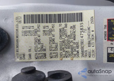 2012 Nissan Frontier S z USA, uszkodzony, nr VIN 1N6BD0CT8CC475835